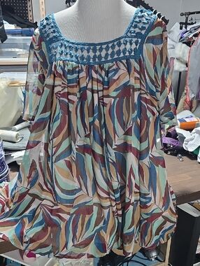 Lane Bryant Multicolor Leaf-Print Peasant Blouse with Teal Crochet Yoke